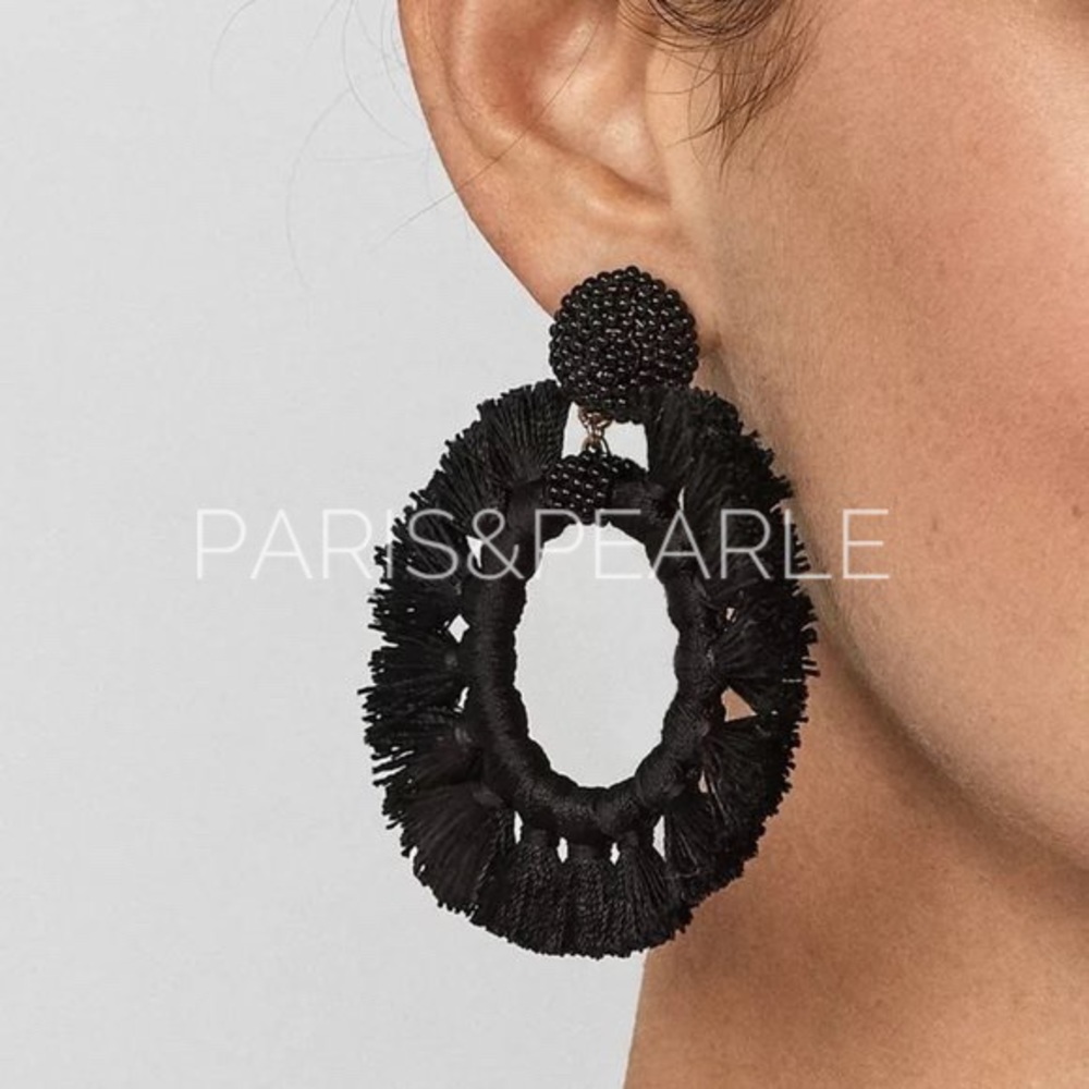 Daphne Black Beaded Tassel Earrings